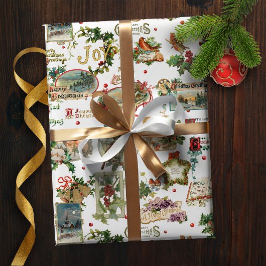 Feestelijke vintage Kerstgroeten Collage-White Cadeaupapier
