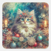 Feestelijke Vintage Kerstkat Vierkante Sticker (Voorkant)