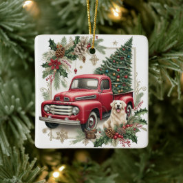 Feestelijke vintage rode vrachtwagen kerstboom orn keramisch ornament
