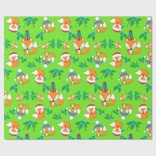 Feestelijke vossen en hulst bladeren op een helder cadeaupapier (Vlak)