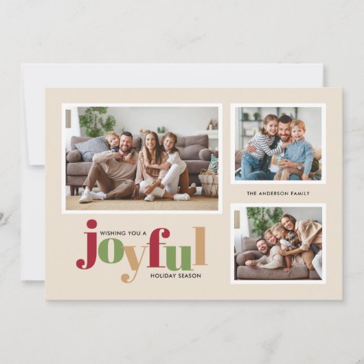 Feestelijke vreugdevolle 3 foto kerst feestdagenkaart (Voorkant)