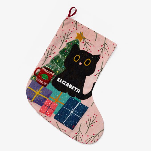 Feestelijke Vrolijke Kerst Schattige Zwart Kat Kof Grote Kerstsok (Voorkant (Hangend))