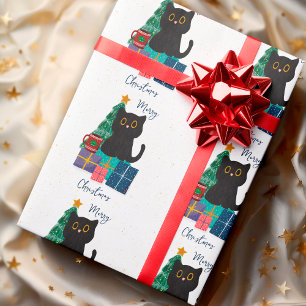 Feestelijke Vrolijke Kerst Schattige Zwarte Kat Ko Cadeaupapier