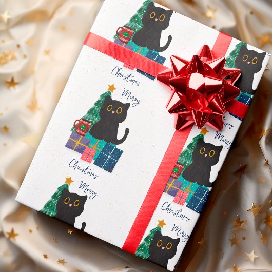 Feestelijke Vrolijke Kerst Schattige Zwarte Kat Ko Cadeaupapier