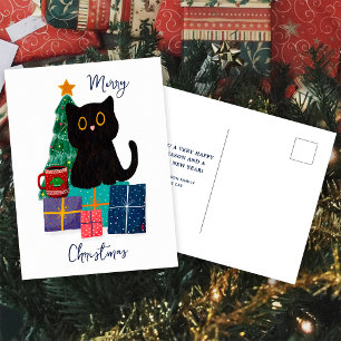 Feestelijke vrolijke kerst schattige zwarte kat ko feestdagenkaart