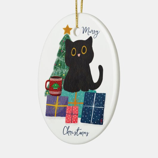 Feestelijke Vrolijke Kerst Schattige Zwarte Kat Ko Keramisch Ornament (Links)