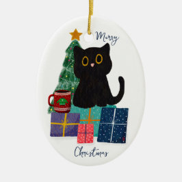 Feestelijke Vrolijke Kerst Schattige Zwarte Kat Ko Keramisch Ornament