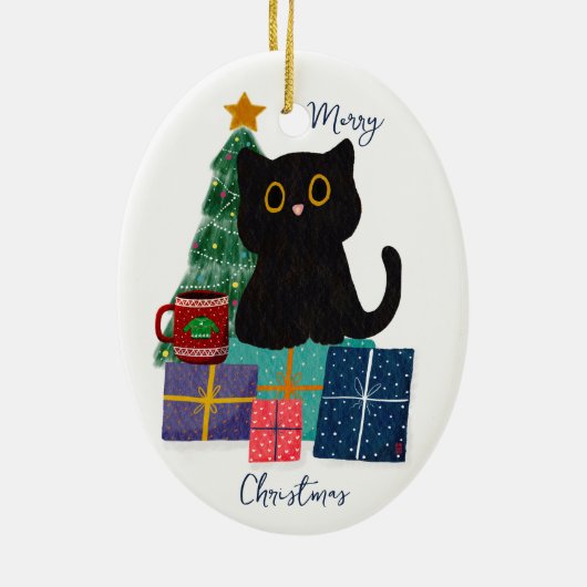 Feestelijke Vrolijke Kerst Schattige Zwarte Kat Ko Keramisch Ornament (Achterkant)