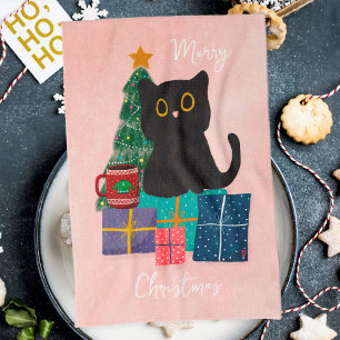 Feestelijke vrolijke kerst schattige zwarte kat ko theedoek