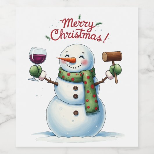 Feestelijke vrolijke kerst sneeuwpop drink wijn etiket (Enkel label)
