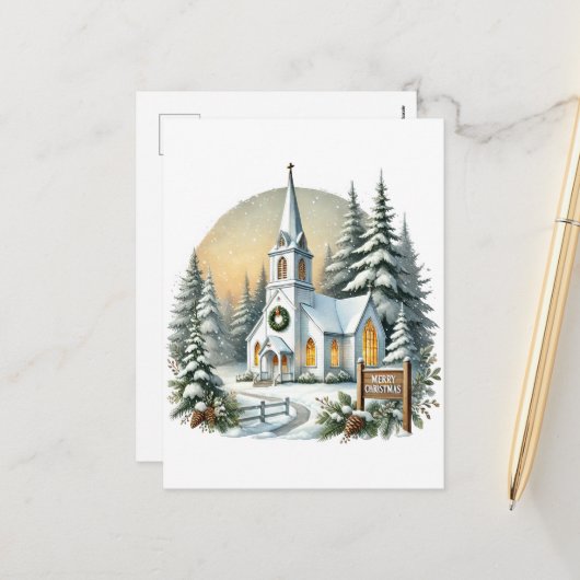 Feestelijke vrolijke kerstkerk feestdagenkaart (Voorkant / Achterkant in situ)