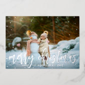 Feestelijke Vrolijke Kerstmis Zilveren Sneeuw Foto Folie Feestdagenkaart (Voorkant)