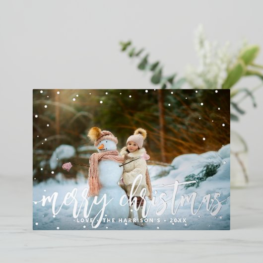 Feestelijke Vrolijke Kerstmis Zilveren Sneeuw Foto Folie Feestdagenkaart (Staand Voorkant)