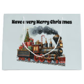 Feestelijke vrolijke kersttrein tekst toevoegen groot cadeauzakje (Voorkant)