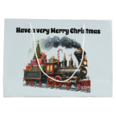 Feestelijke vrolijke kersttrein tekst toevoegen groot cadeauzakje (Achterkant)