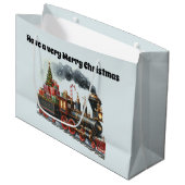 Feestelijke vrolijke kersttrein tekst toevoegen groot cadeauzakje (Voorkant Gekanteld)