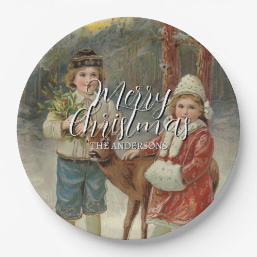 Feestelijke vrolijke kerstwinterkinderen papieren bordje (Voorkant)