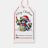 Feestelijke wasbeer met fles en kerstverlichting cadeaulabel (Achterkant)