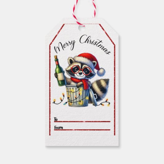 Feestelijke wasbeer met fles en kerstverlichting cadeaulabel (Achterkant)