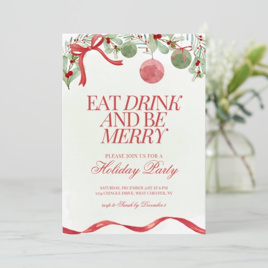 Feestelijke Waterverf Coquette Kerstfeest Uitnodig Kaart (Staand voorkant)