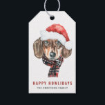 Feestelijke Waterverf Dachshund Santa Christmas Cadeaulabel<br><div class="desc">Fijne feestdagen! Vier het vakantieseizoen met deze vakantie hond thema cadeau labels. Het beschikt over een waterverf teckel met een kerstmuts en sjaal. Personaliseer door namen toe te voegen. Deze labels voor hondencadeaus zijn ideaal voor feestgunsten en cadeaus.</div>
