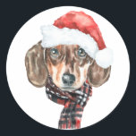 Feestelijke Waterverf Dachshund Santa Christmas Ronde Sticker<br><div class="desc">Fijne feestdagen! Voeg een feestelijk accent toe aan uw kaarten,  uitnodigingen en enveloppen met deze aanpasbare vakantie sticker. Het beschikt over een waterverf teckel met een kerstmuts. Personaliseer deze teckel vakantie sticker door uw gegevens toe te voegen. Dit hondenKerst sticker is verkrijgbaar op ander karton.</div>