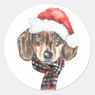 Feestelijke Waterverf Dachshund Santa Christmas Ronde Sticker