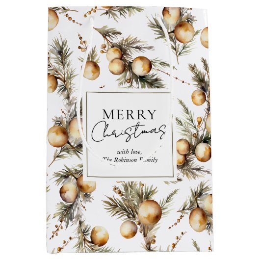 Feestelijke Waterverf gouden gebladerte kerst Medium Cadeauzakje (Voorkant)