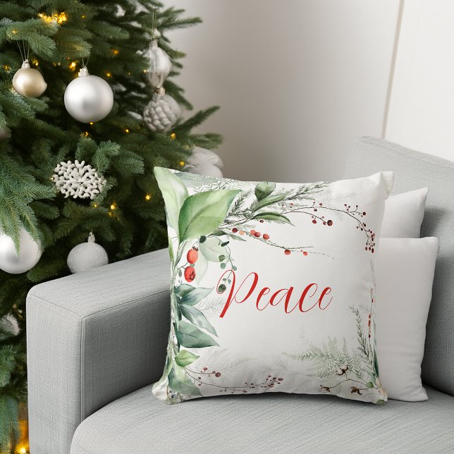 Feestelijke waterverf groen Kerst vrede Kussen (Festive Watercolor Greenery Christmas Peace Throw Pillow)