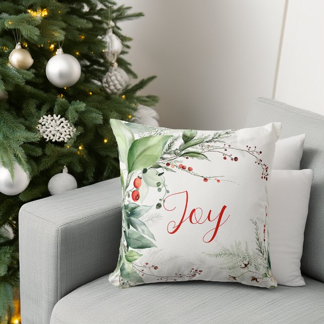 Feestelijke waterverf groen Kerstvreugde Kussen (Festive Watercolor Greenery Christmas Joy Throw Pillow)