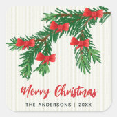 Feestelijke Waterverf Groene Rode Strik Kerstmis Vierkante Sticker (Voorkant)