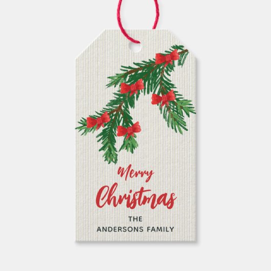 Feestelijke Waterverf Groene Rood Strik Kerst Cadeaulabel (Voorkant)