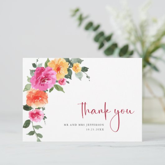 Feestelijke Waterverf Helder Bloemen Bloemstuk Bru Bedankkaart (Staand voorkant)