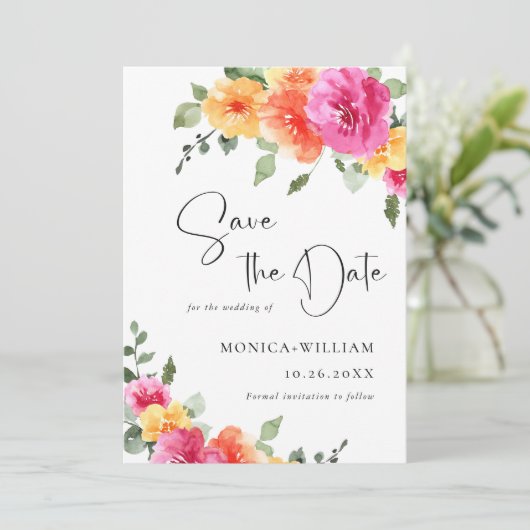 Feestelijke Waterverf Helder Roze Bloemen Bruiloft Save The Date (Staand voorkant)