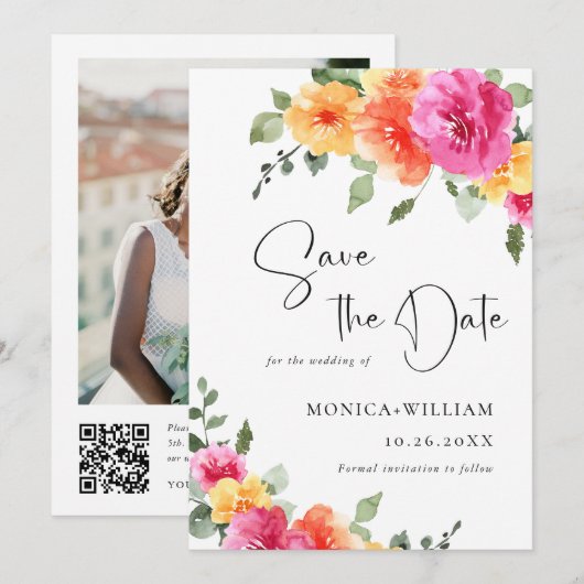 Feestelijke Waterverf Helder Roze Bloemen Bruiloft Save The Date (Voorkant / Achterkant)