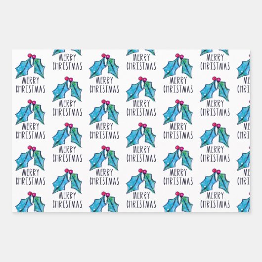 Feestelijke Waterverf Holly Berries Kerst Inpakpapier Vel (Voorkant 3)