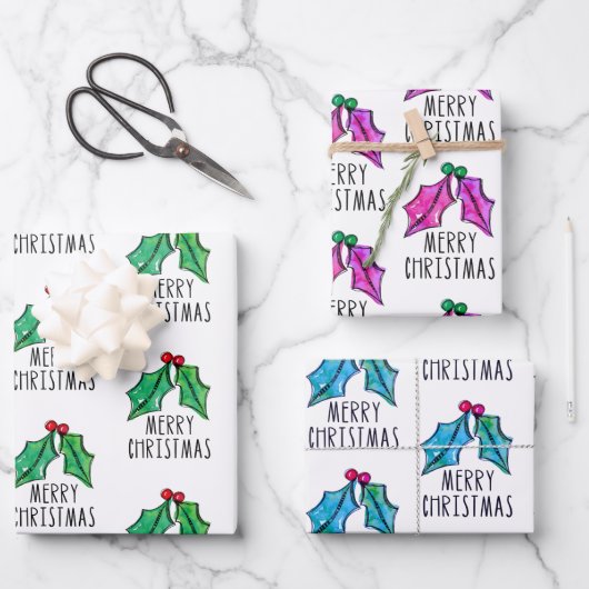 Feestelijke Waterverf Holly Berries Kerst Inpakpapier Vel (Voorkant)