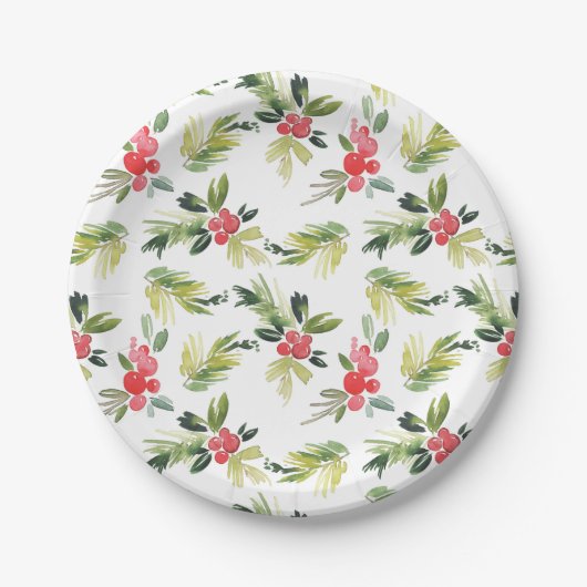 Feestelijke Waterverf Holly Pattern Christmas Papieren Bordje (Voorkant)