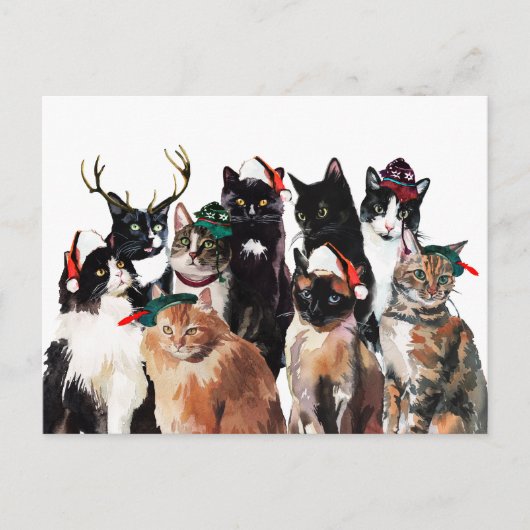 Feestelijke Waterverf Katten met Santa Hats Christ Feestdagenkaart (Voorkant)