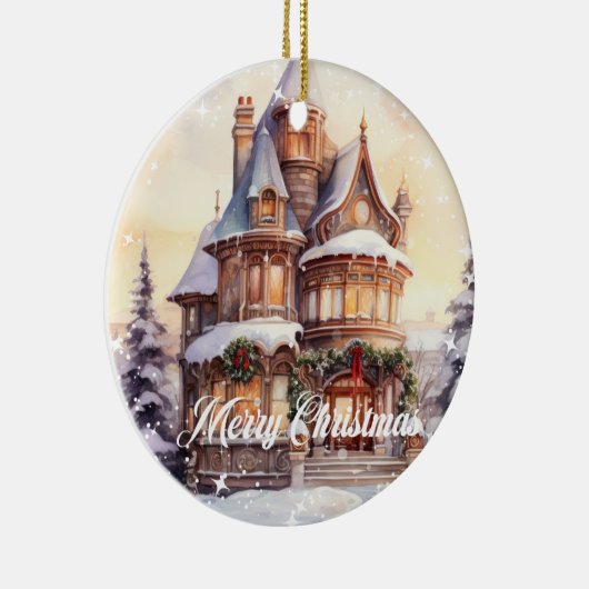 Feestelijke waterverf Kerst  huis winter Keramisch Ornament (Rechts)