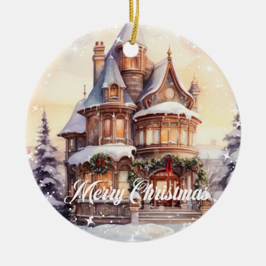 Feestelijke waterverf Kerst  huis winter Keramisch Ornament (Voorkant)