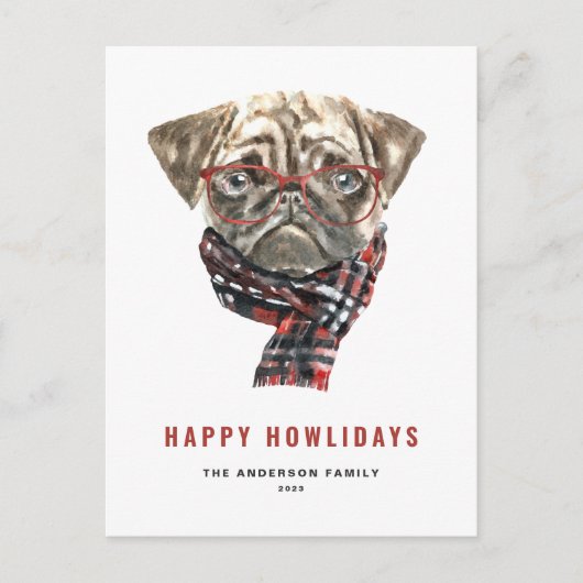 Feestelijke Waterverf Kerst Pug Gelukkig Kerstdier Feestdagenkaart (Voorkant)