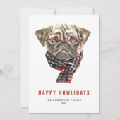 Feestelijke Waterverf Kerst Pug Happy Howlidays Feestdagenkaart (Voorkant)