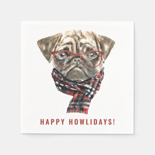Feestelijke Waterverf Kerst Pug Happy Howlidays Servet (Voorkant)