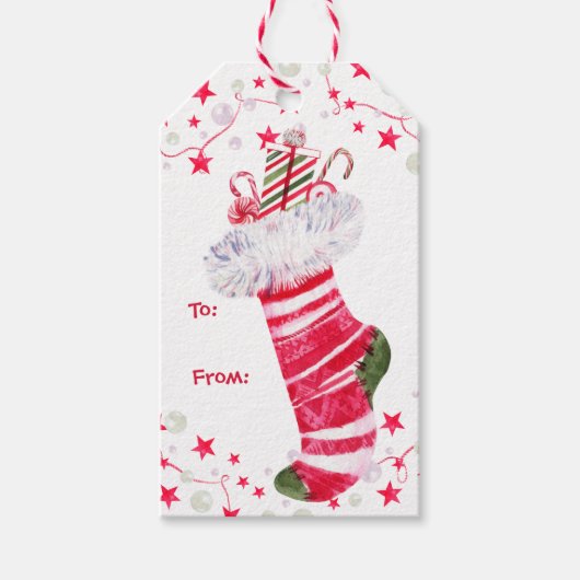 Feestelijke Waterverf Kerstbont kous Cadeaulabel (Voorkant)