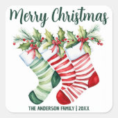 Feestelijke Waterverf kerstkousen Vierkante Sticker (Voorkant)