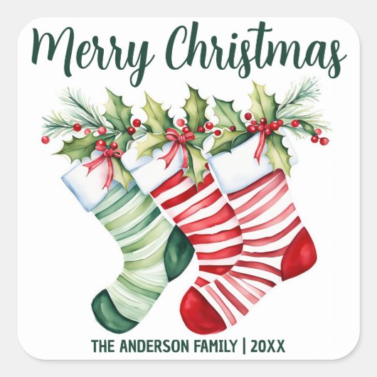 Feestelijke Waterverf kerstkousen Vierkante Sticker (Voorkant)