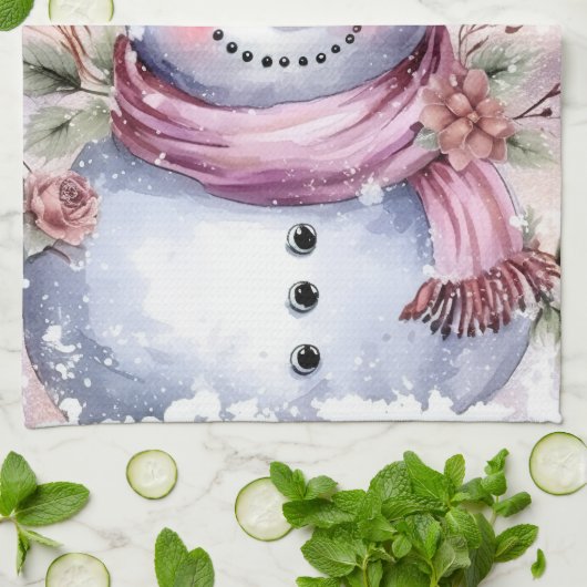 Feestelijke waterverf Kerstmis roze sneeuwpop Theedoek (Gevouwen)