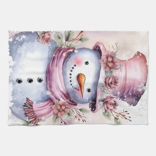 Feestelijke waterverf Kerstmis roze sneeuwpop Theedoek (Horizontaal)