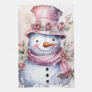 Feestelijke waterverf Kerstmis roze sneeuwpop Theedoek